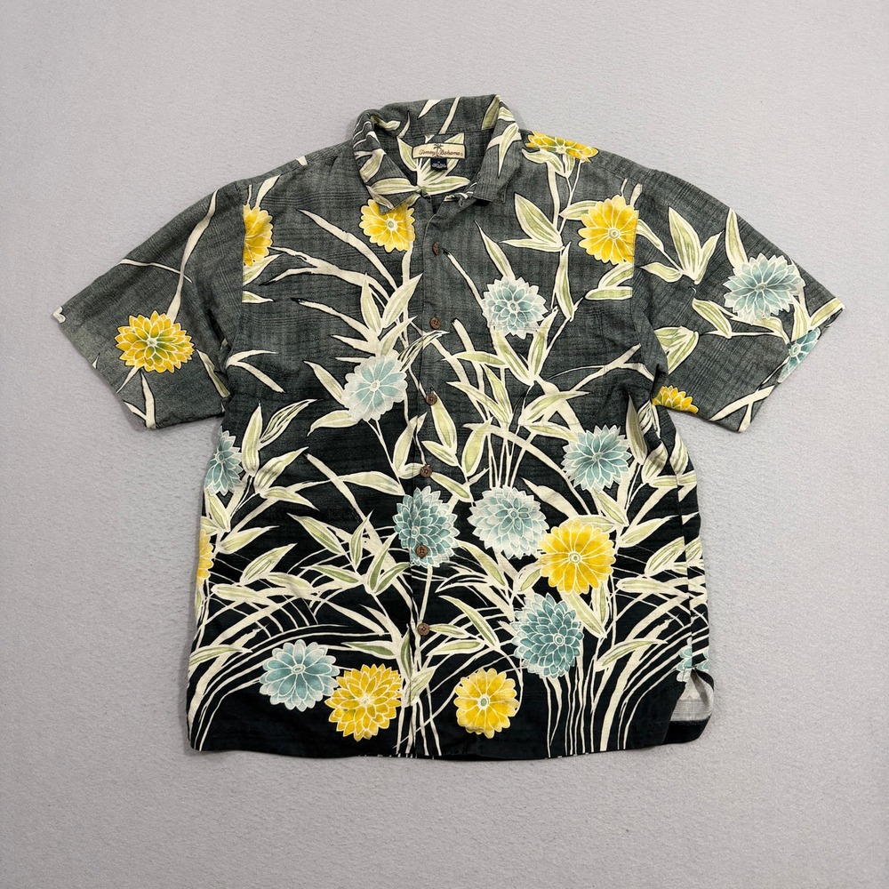 Tommy Bahama Shirt Medium Black Floral Silk Short Sleeve Button Up Aloha Shirt